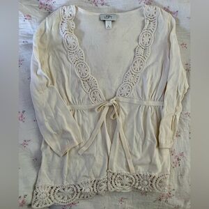 LOFT Ivory Lace Accent tie front sweater
